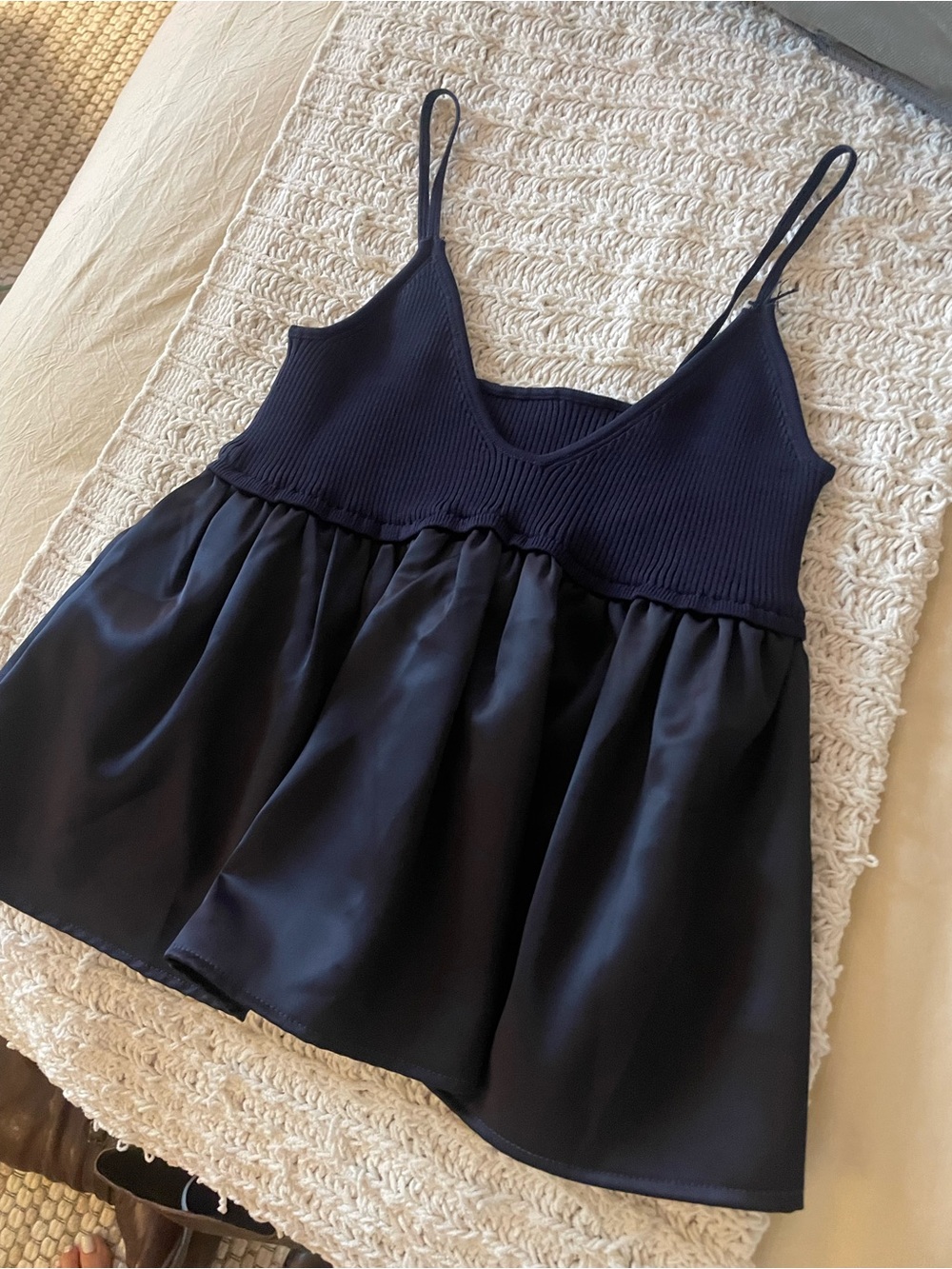 Commense Navy Knit & Satin Babydoll Cami - Navy